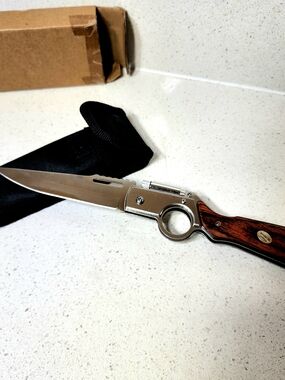 Folding Pocket Knife with Wooden Handle , LED Light And Carrying Pouch  New